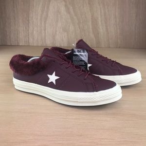 NEW Converse One Star Ox Leather Fur Collar Burgun
